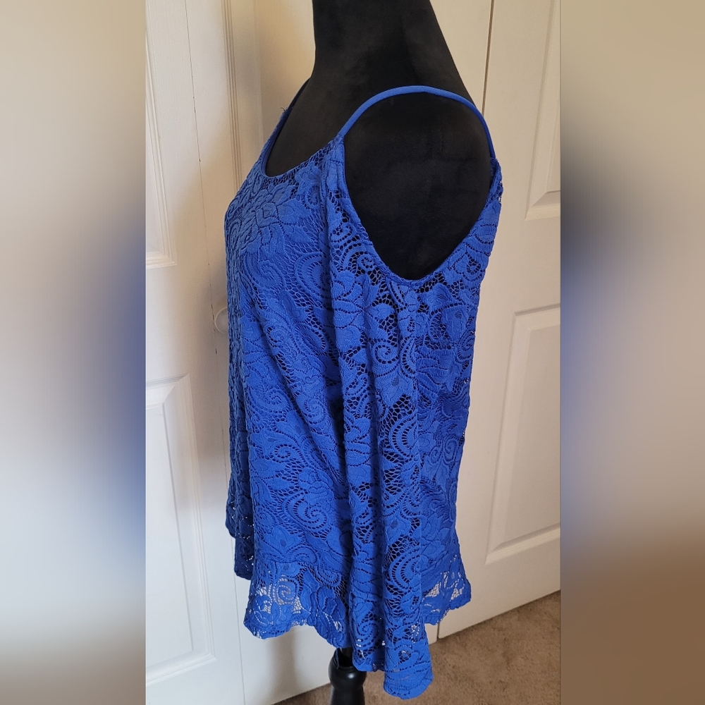 INC. Women's New Blue Lace Cold Shoulder Lined Long Sheer Sleeve Top Size SMALL - Picture 3 of 6